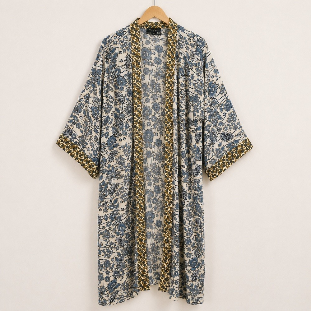Jessica Simpson Floral Kimono Cardigan Womens 1X Blue Yellow Frozen Dew Boho - Picture 1 of 12